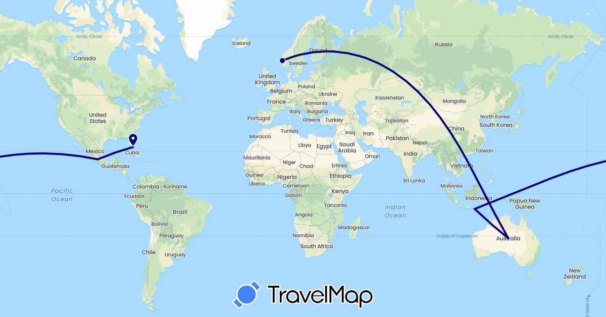 TravelMap itinerary: driving in Australia, Indonesia, Mexico, Norway, United States (Asia, Europe, North America, Oceania)